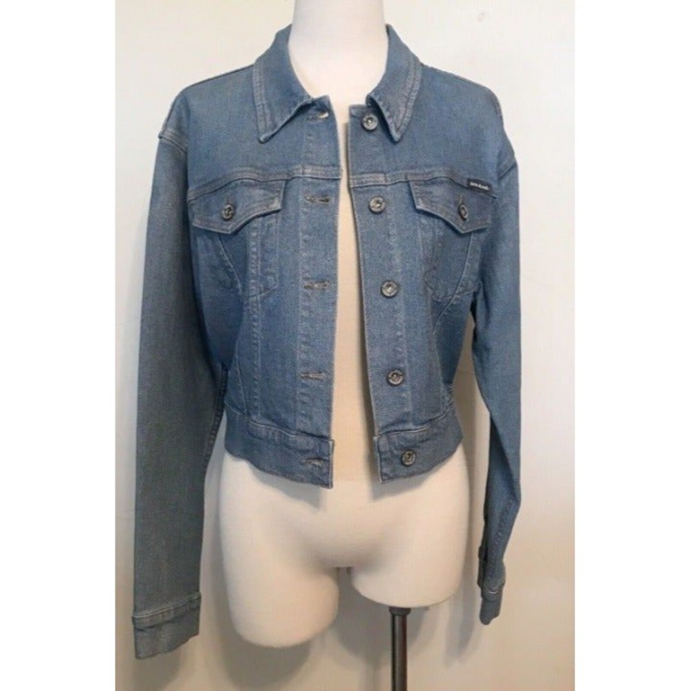DKNY Jeans Women's Metallic Foil Cropped Denim Trucker Jacket Size XL